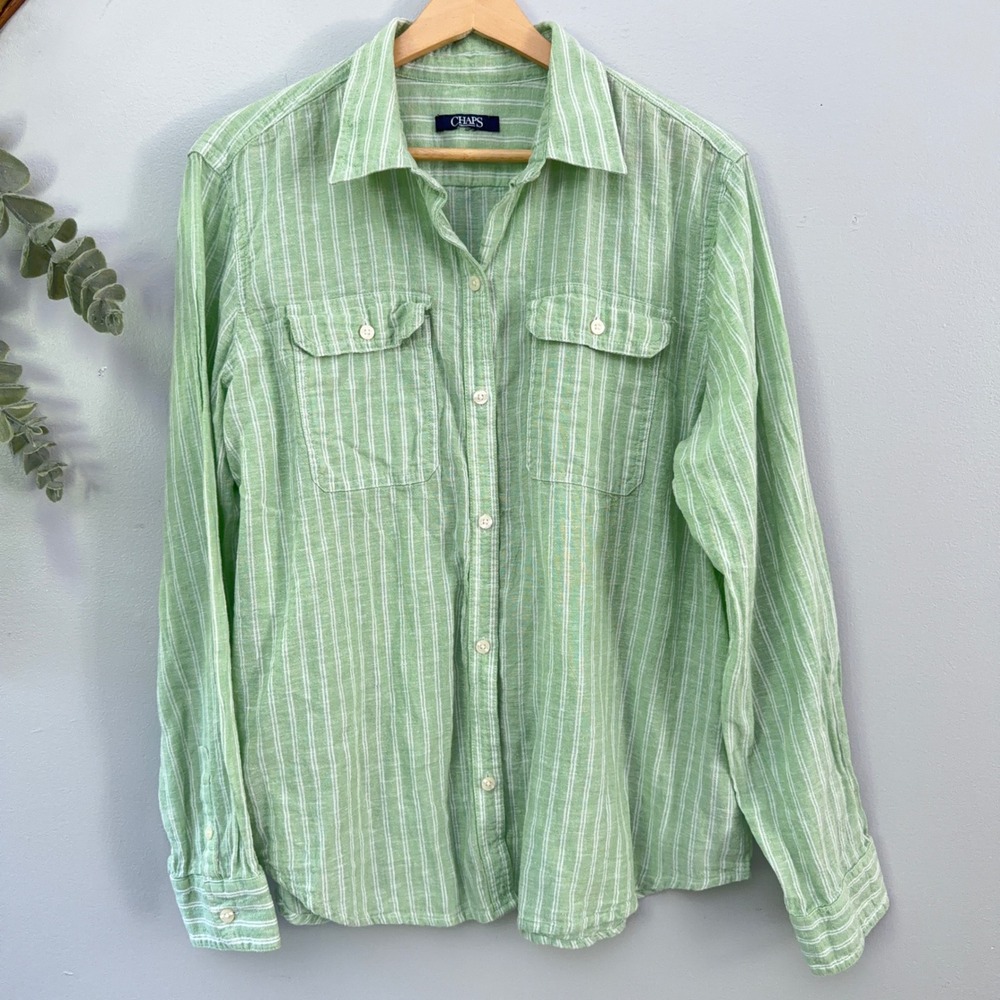 Chaps Green White Striped Linen Cotton Button Up Shirt Womens XL Long Sleeve
